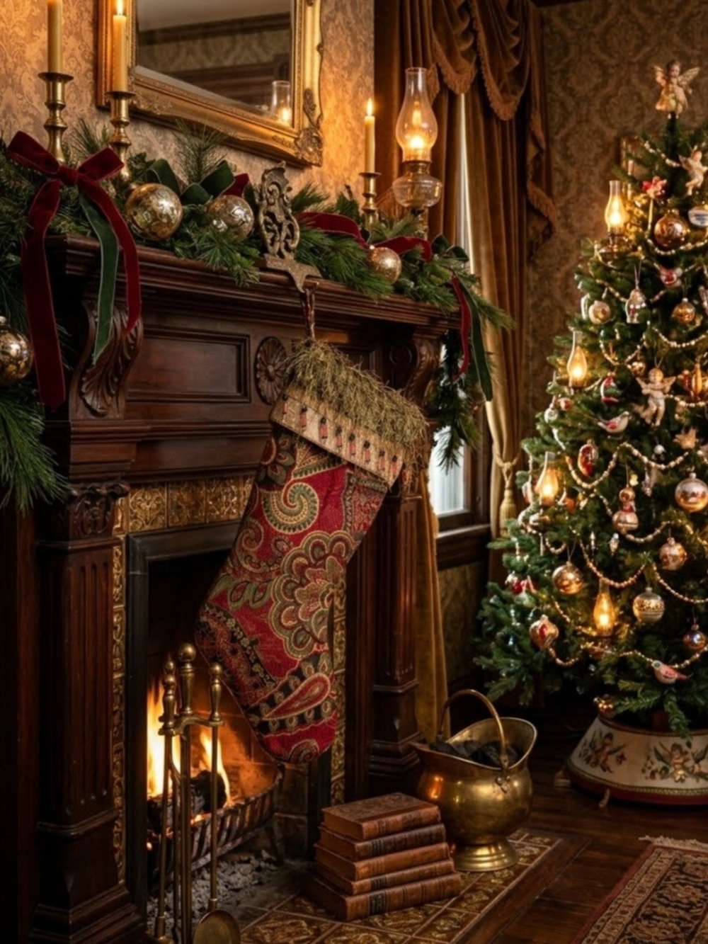 Classic Red Paisley Holiday Stocking with Faux Fur Trim